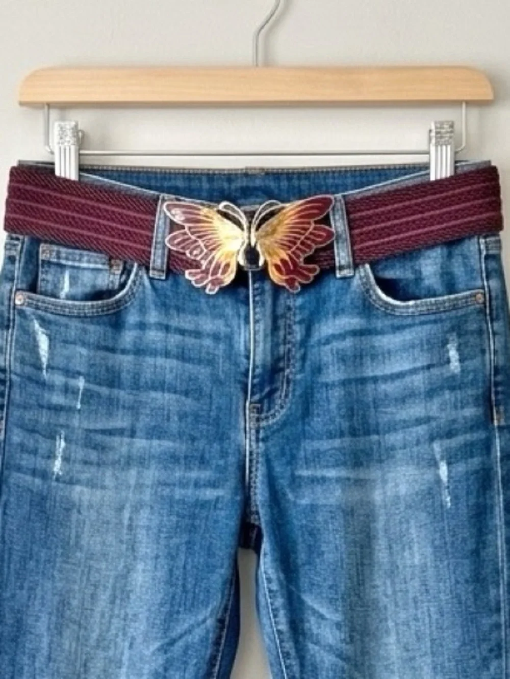 Vintage 80s Burgundy Enamel Butterfly Buckle Elastic Waist Textured Belt Size XL - Picture 2 of 15